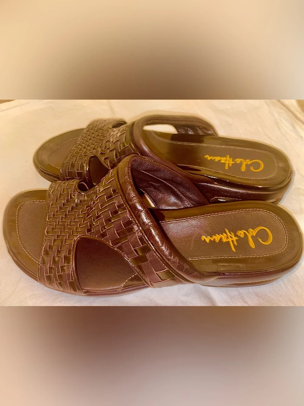 New Cole Haan Brown leather slides with woven texture #slides #leather #ColeHaan